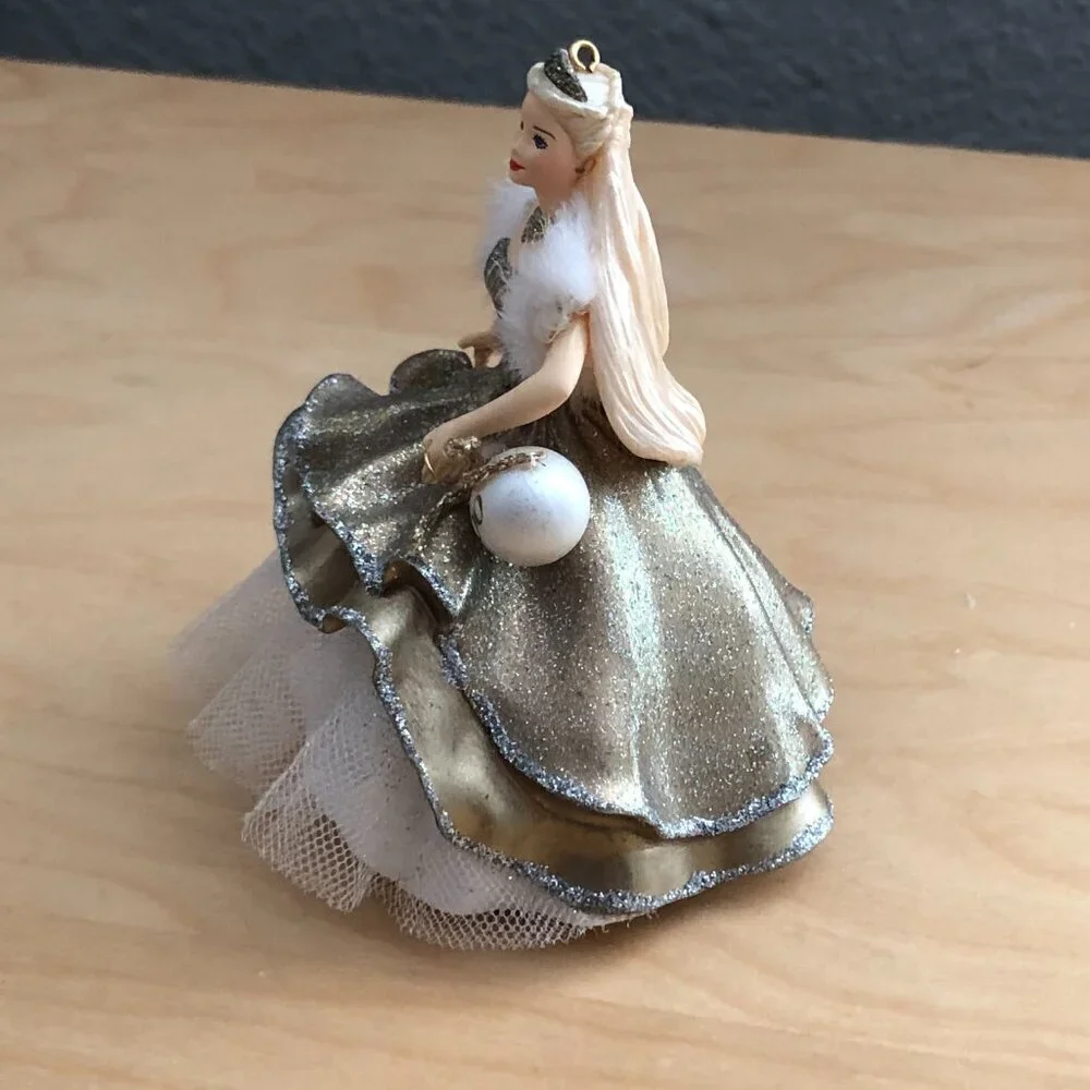 Vintage Y2K 2000 Barbie Hallmark Gold Flock Ornament Celebration Special Edition